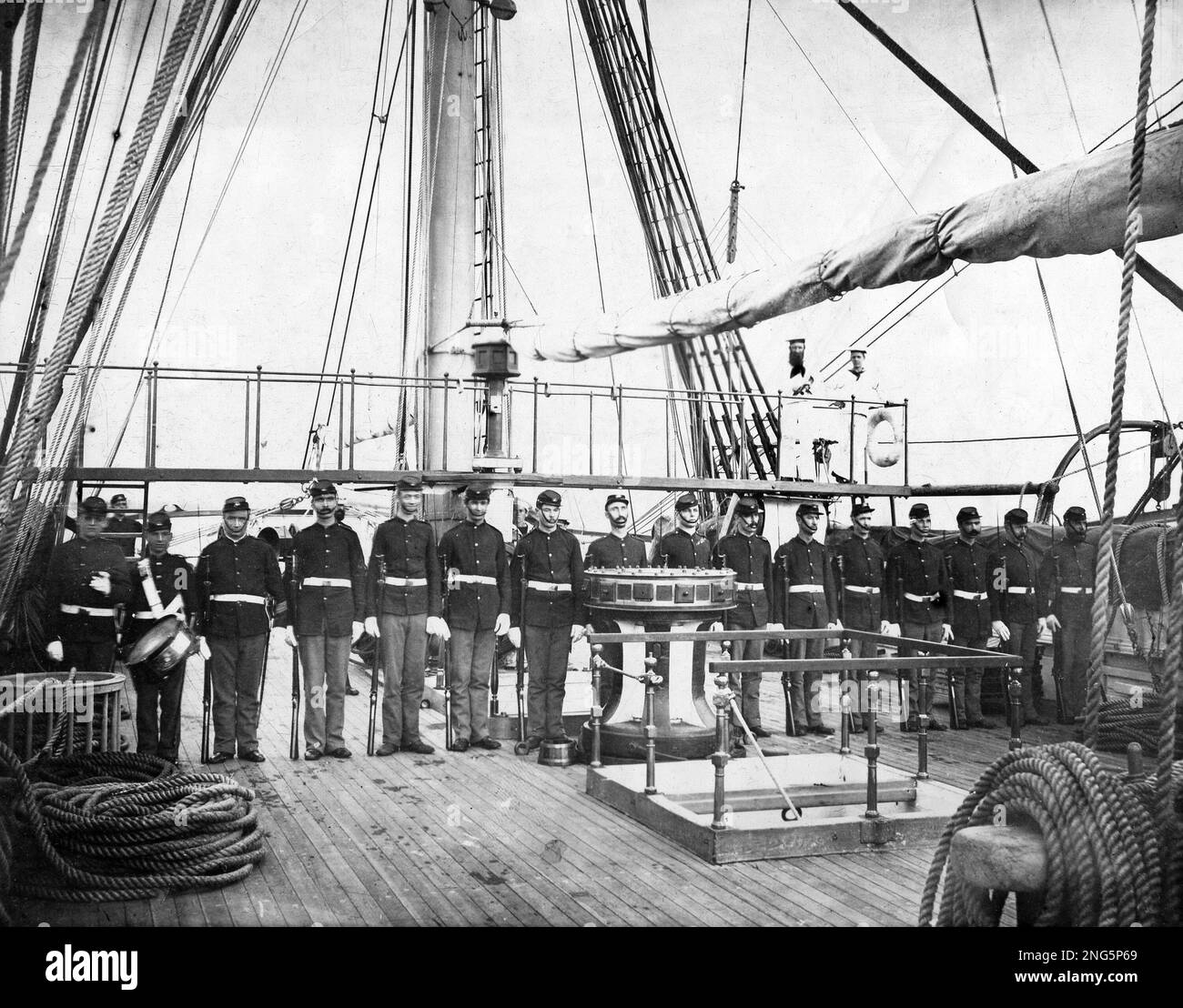 U.S. Marine Corps guards are seen aboard the U.S.S. Galena, when they