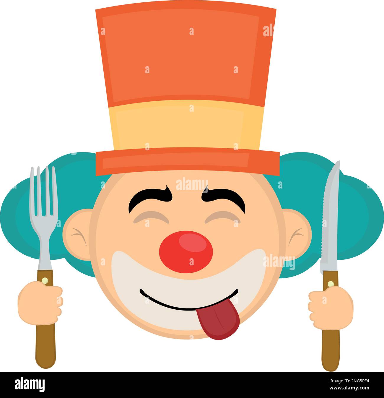 vector illustration face of a cartoon clown with an expression of yummy that delicious, with a knife and fork in his hands Stock Vector