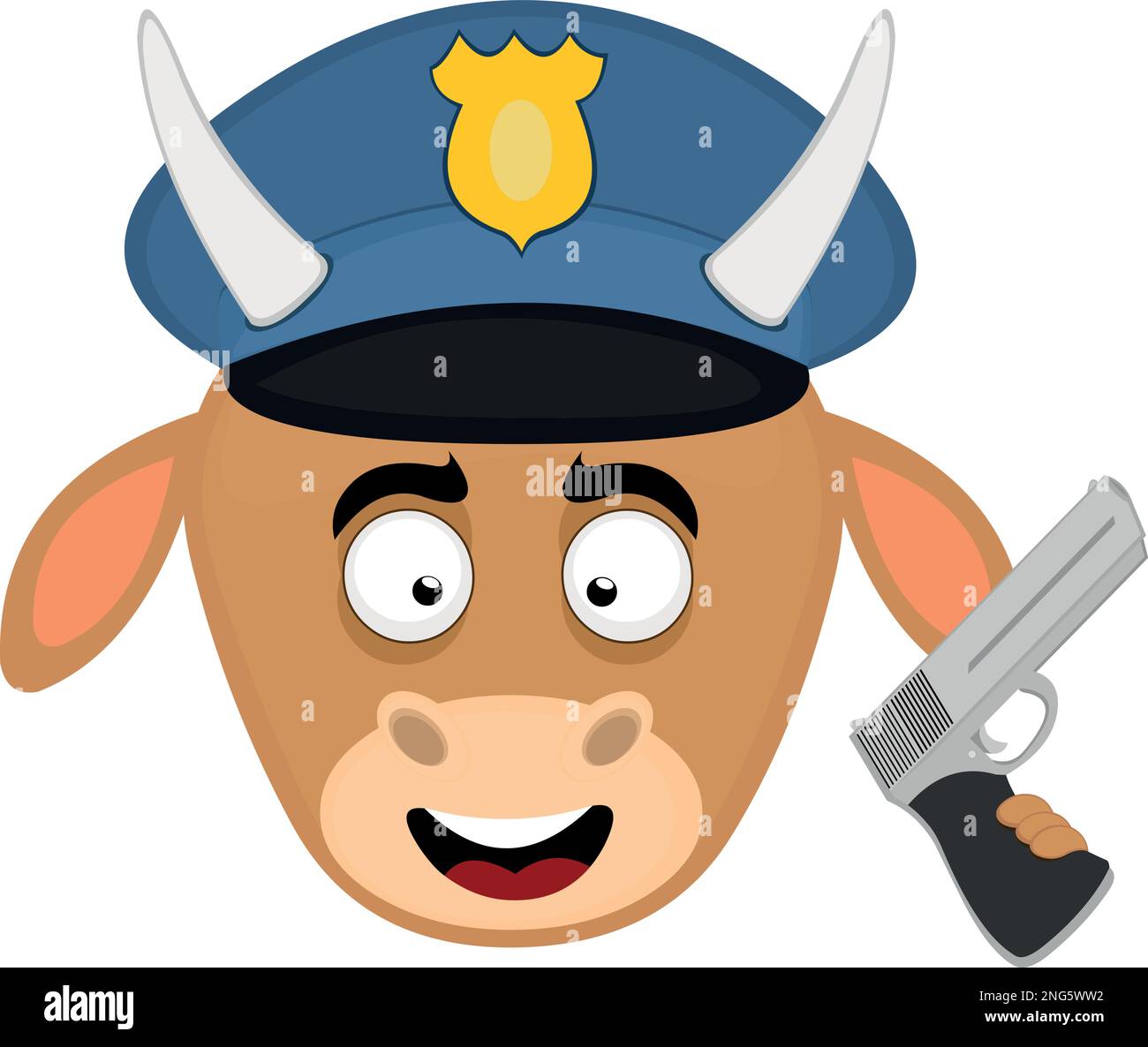vector illustration face of a cartoon police cow with a gun in his hand Stock Vector