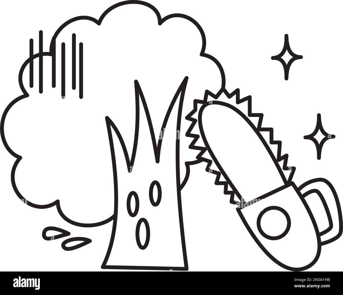 A tree character that is cut down with a chainsaw. Black and white line