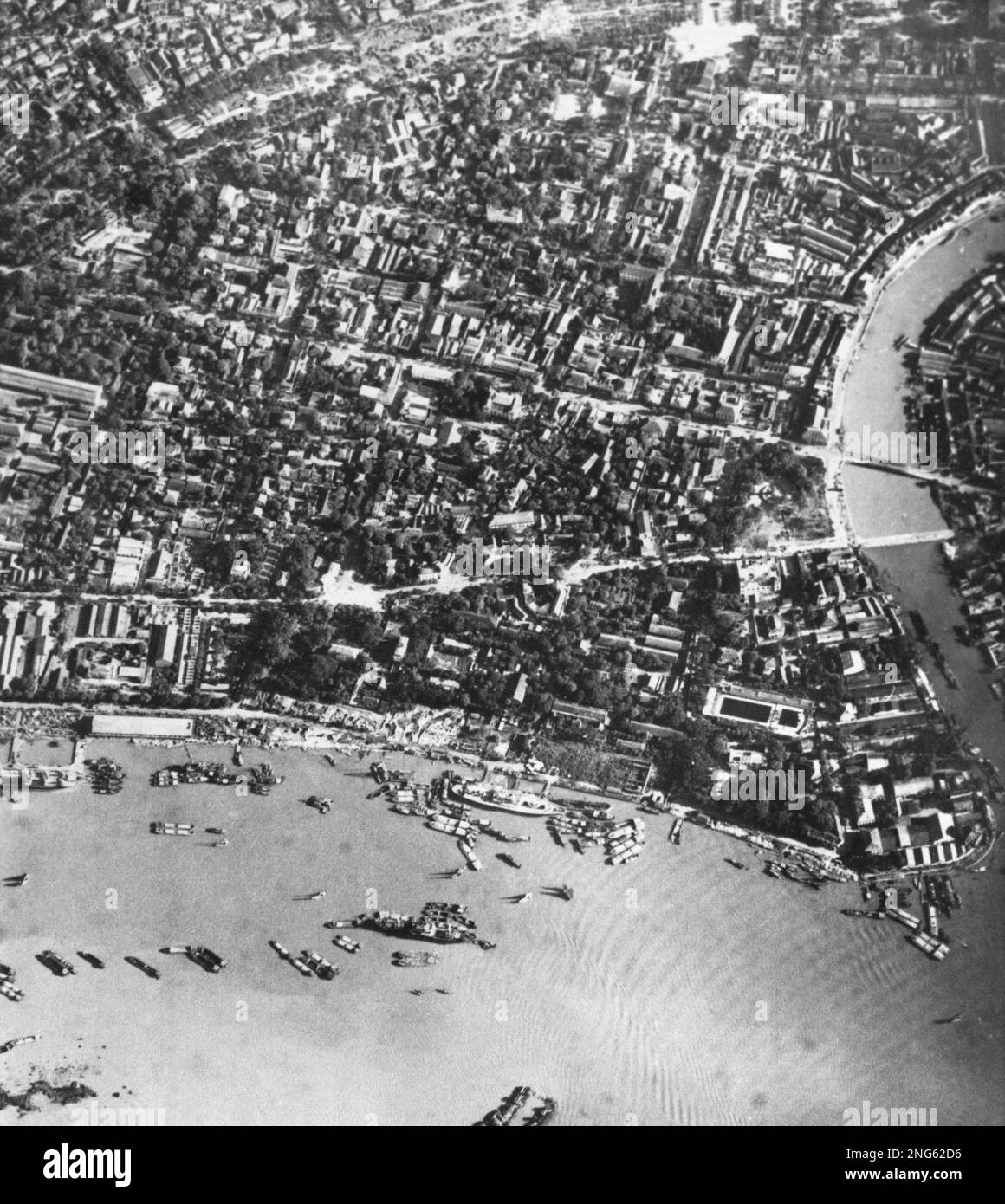 This is a 1967 aerial photo showing Haiphong harbor in Vietnam and the ...