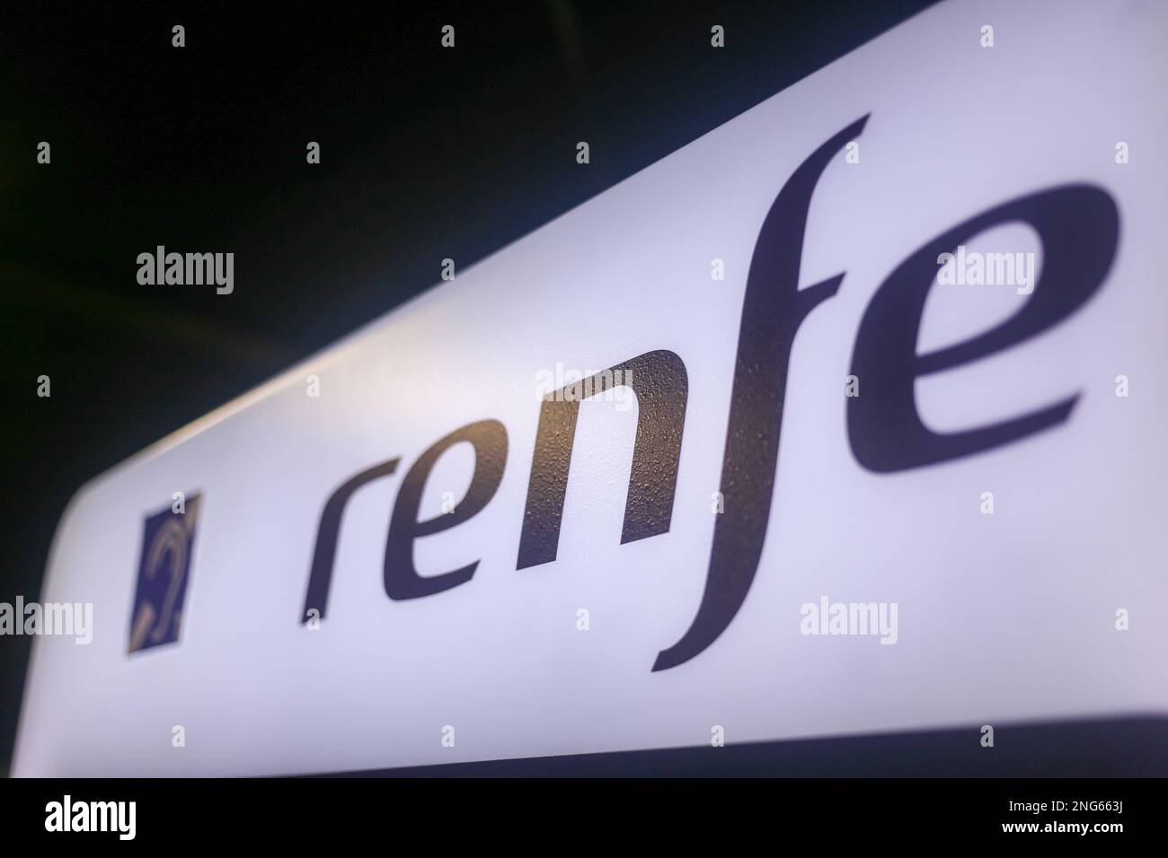 Oviedo, Spain. 17th Feb, 2023. Oviedo, SPAIN: Renfe symbol during Renfe buys trains bigger than its infrastructure on February 17, 2023 in Oviedo, Spain. (Photo by Alberto Brevers/Pacific Press) Credit: Pacific Press Media Production Corp./Alamy Live News Stock Photo