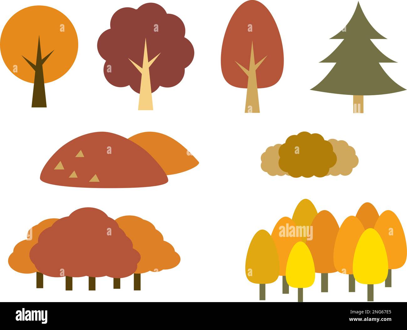 Illustration material set of autumn leaves trees and mountains. Simple illustrations of isolated four types of trees, mountains and forests. Stock Vector