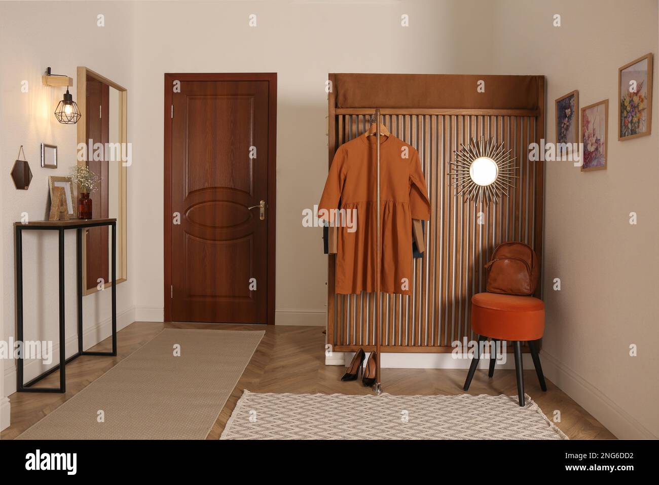 Hall Rack Interior Design Modern hallway interior with stylish furniture and clothes rack Stock ...