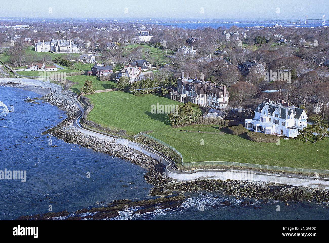 This is an aerial view of Cliff Walk along Newport, Rhode Island's
