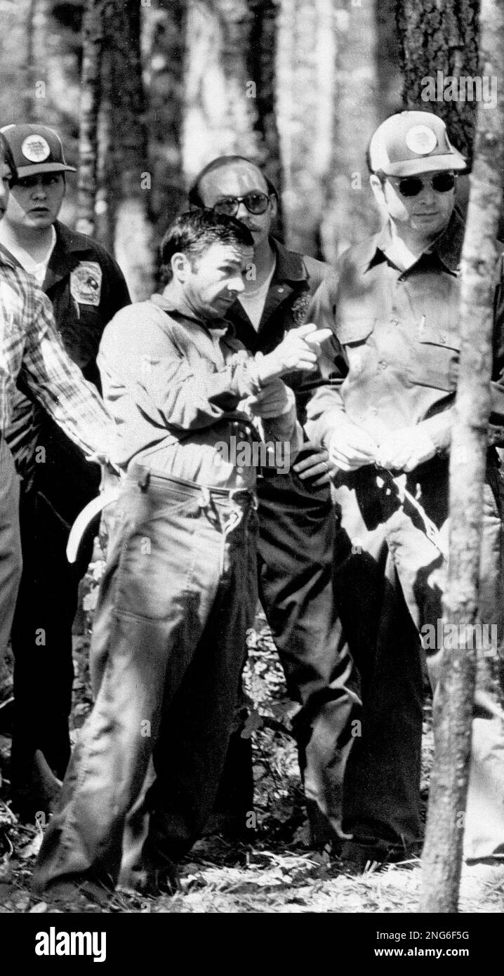 Donald H. "Pee Wee" Gaskins, in handcuffs and chains, gestures April 15, 1978 as he directs officers in an area of Florence County where human bones were found near Johnsonville, S.C. Among officers with him is Florence Sheriff William C. Barnes (right). (AP Photo/mbr) Stock Photo