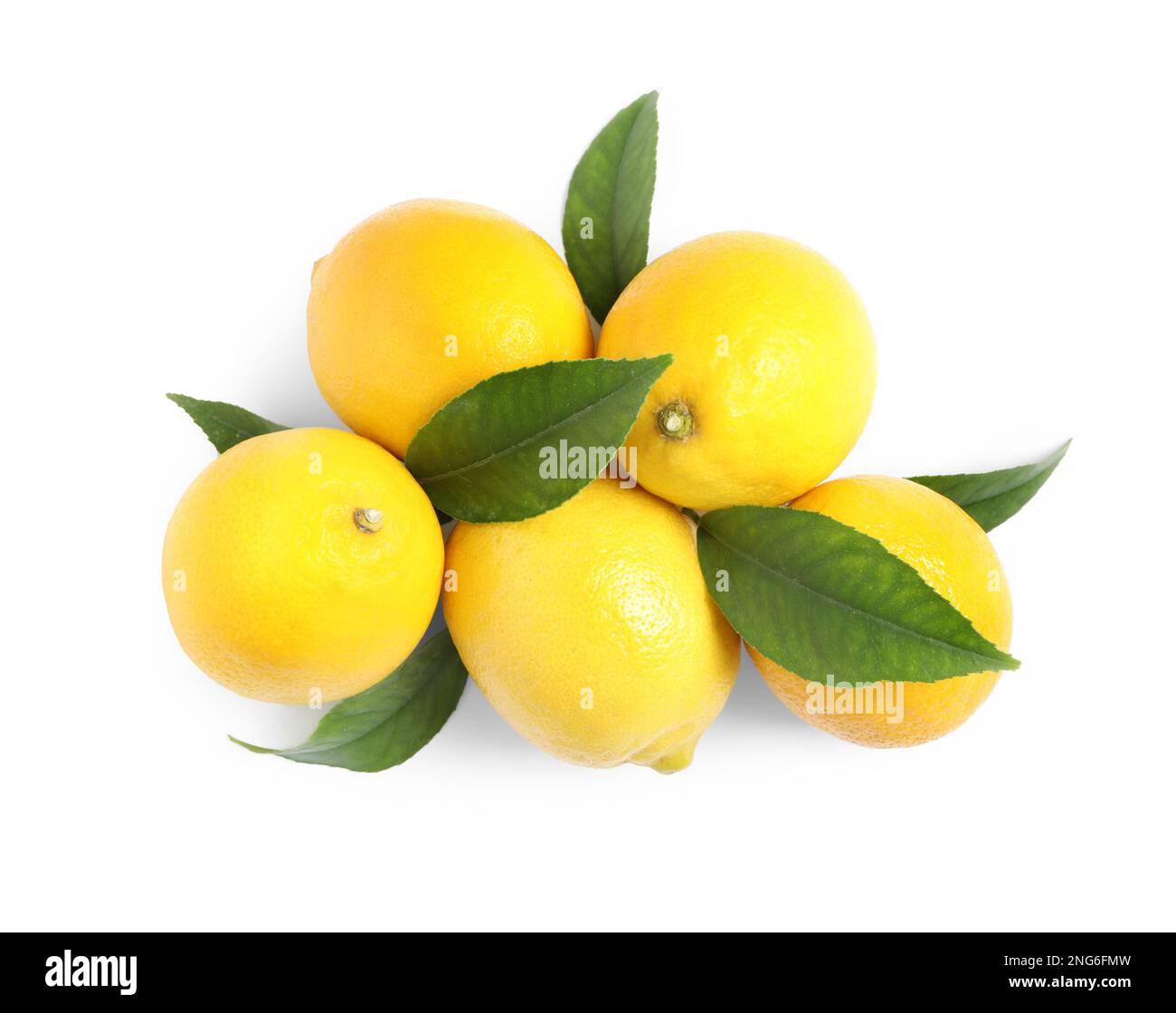 Fresh ripe lemons with leaves on white background, top view Stock Photo ...