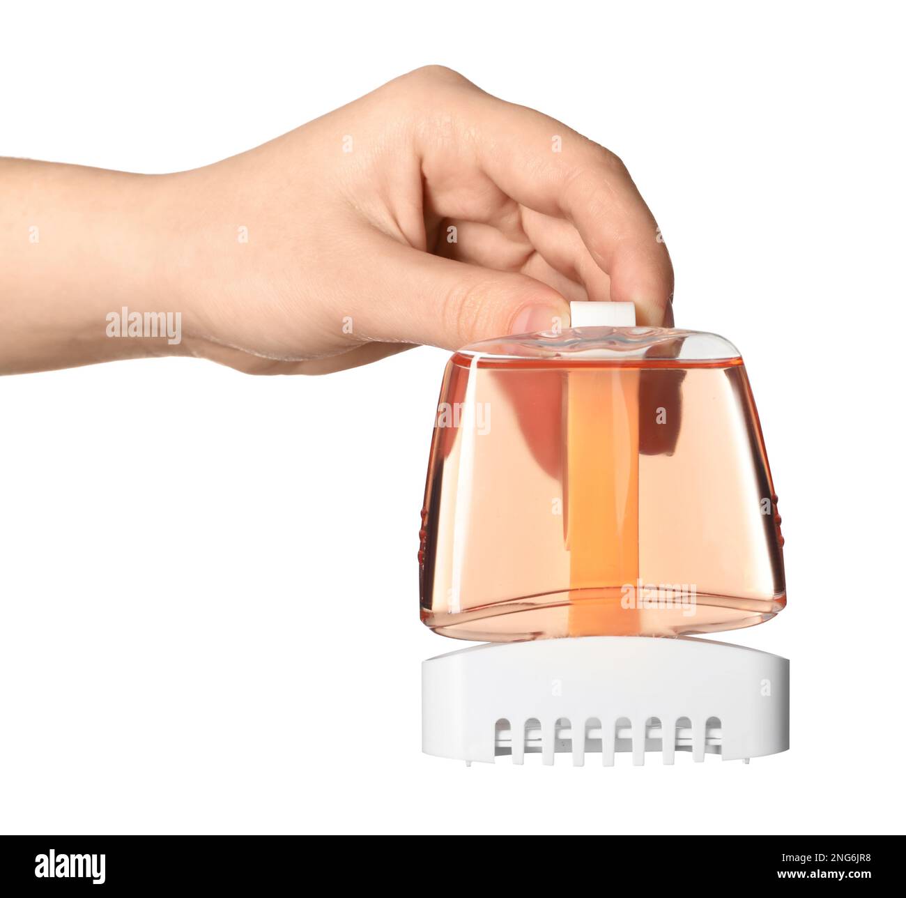 Woman holding toilet rim block cleaner on white background, closeup ...