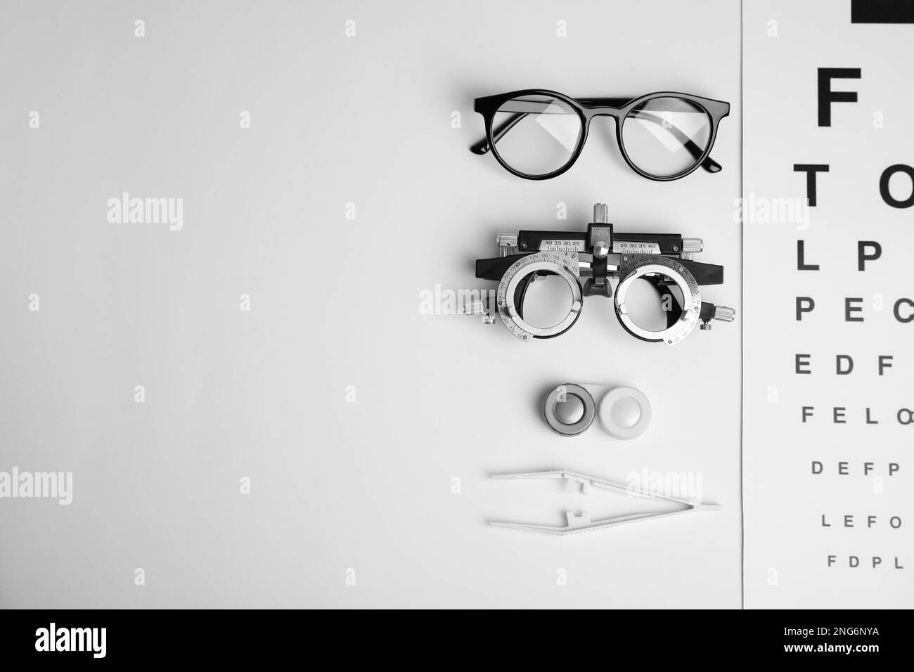 Different ophthalmologist tools on white background, flat lay Stock Photo Alamy