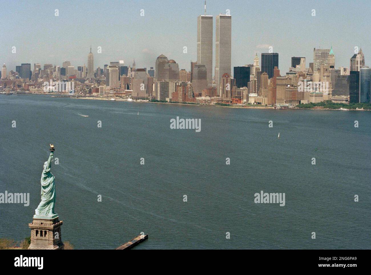 The skyline of lower Manhattan is seen with the Twin Towers of the