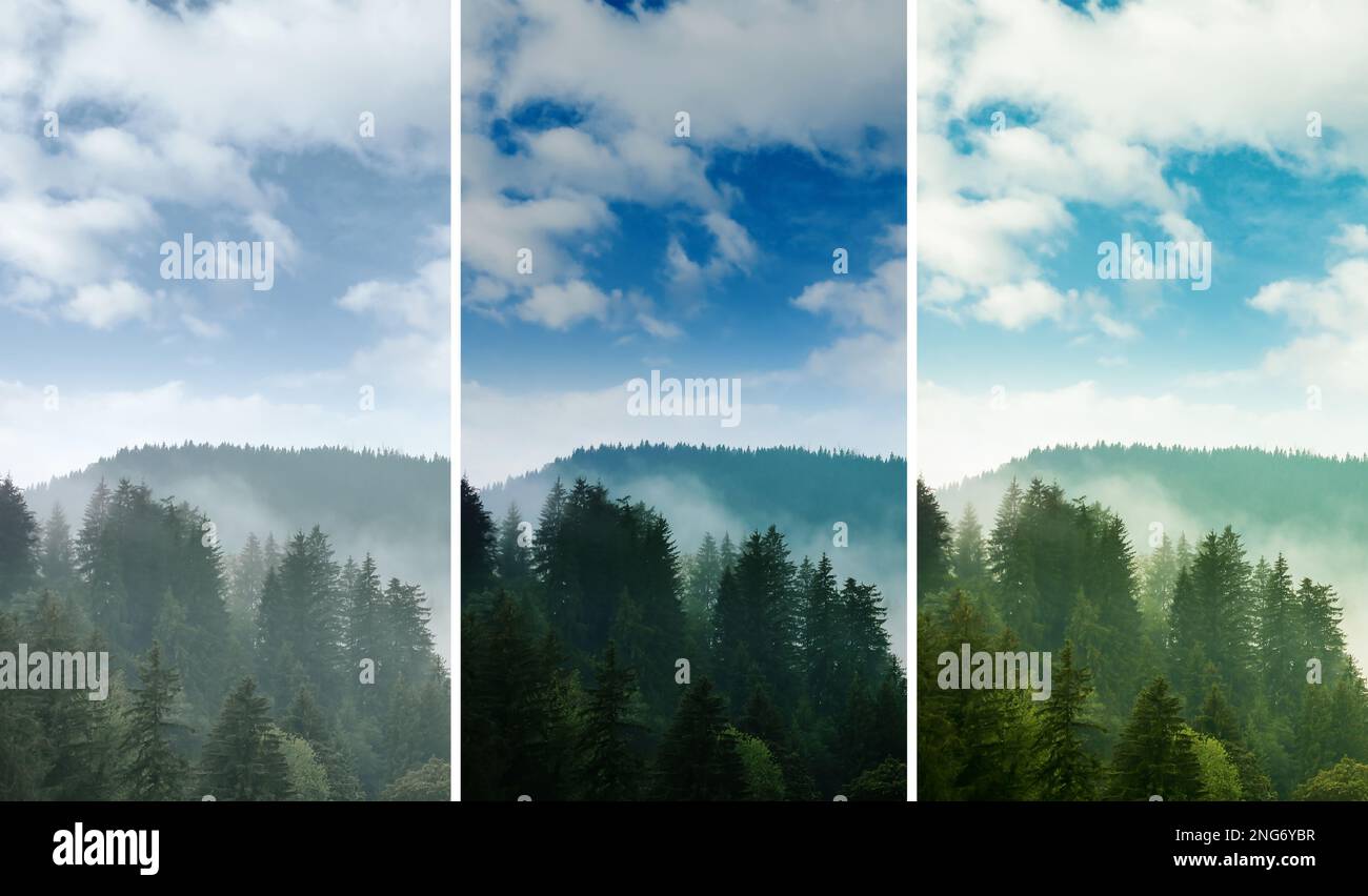 Photos before and after retouch, collage. Picturesque view of mountain
