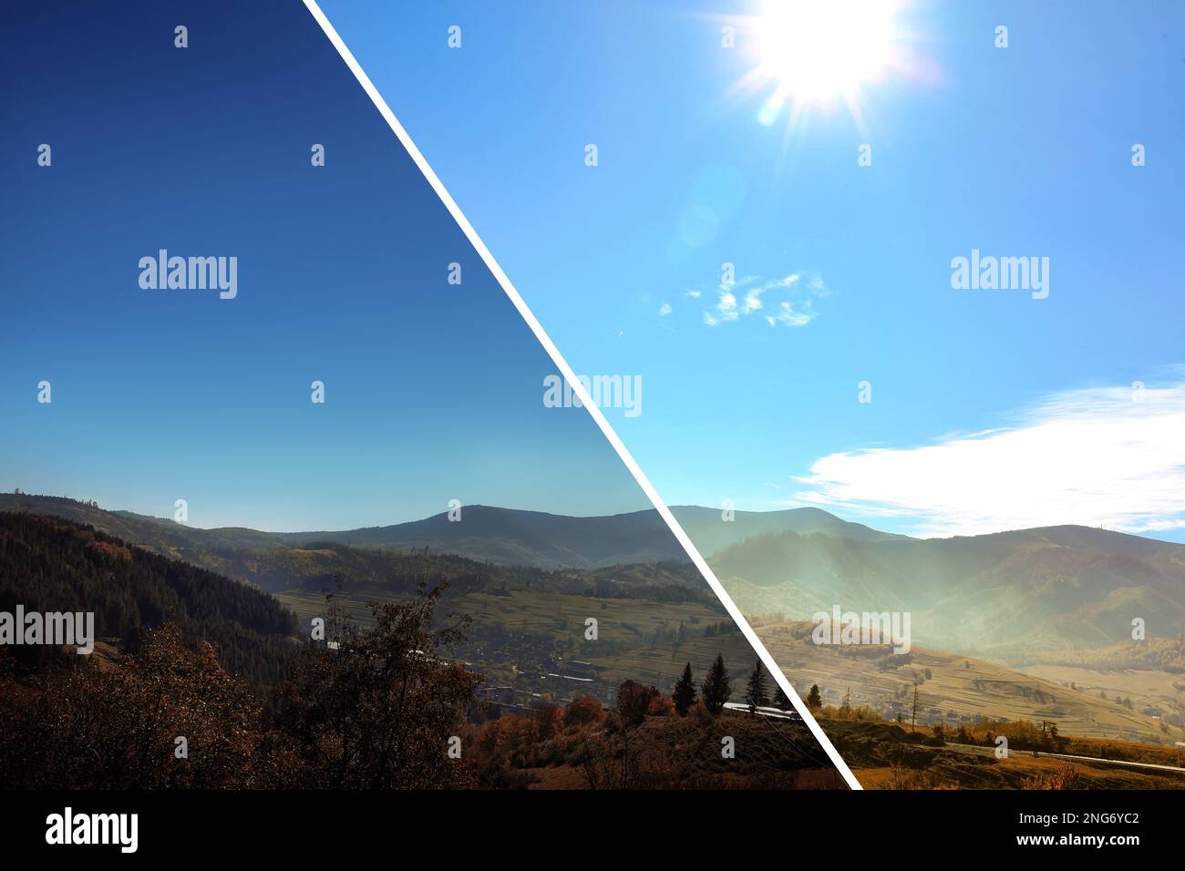 Photo before and after retouch, collage. Picturesque landscape with