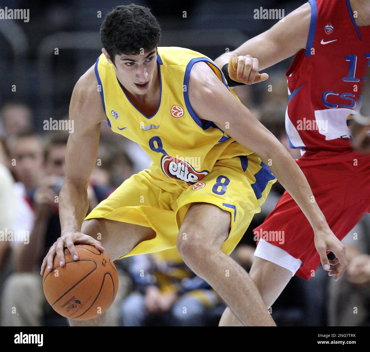 Maccabis Lioir Elyahu plays the ball during a NBA Live Tour friendly basketball match between CSKA Moscow and Maccabi Elite Tel Aviv at the Koeln Arena in Cologne, Germany, Tuesday, Oct