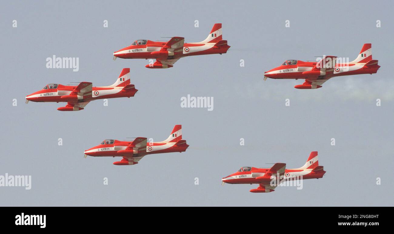 The Indian air force aerobatic team, Suryakiran, display their flying