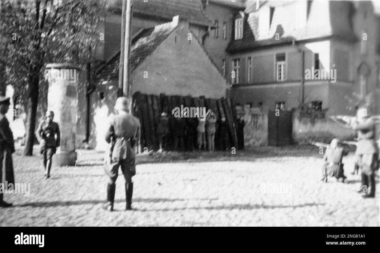 The early phase of the Holocaust was not with gas chambers but mobile execution squads known as Enisatzgruppen. Their task was to roam behind teh front lines shooting all the Jews they could. This image shows an execution in Warsaw just after the German invasion. By Bundesarchiv, Bild 146-1968-034-19A / CC-BY-SA 3.0, CC BY-SA 3.0 de, https://commons.wikimedia.org/w/index.php?curid=5418776 Stock Photo