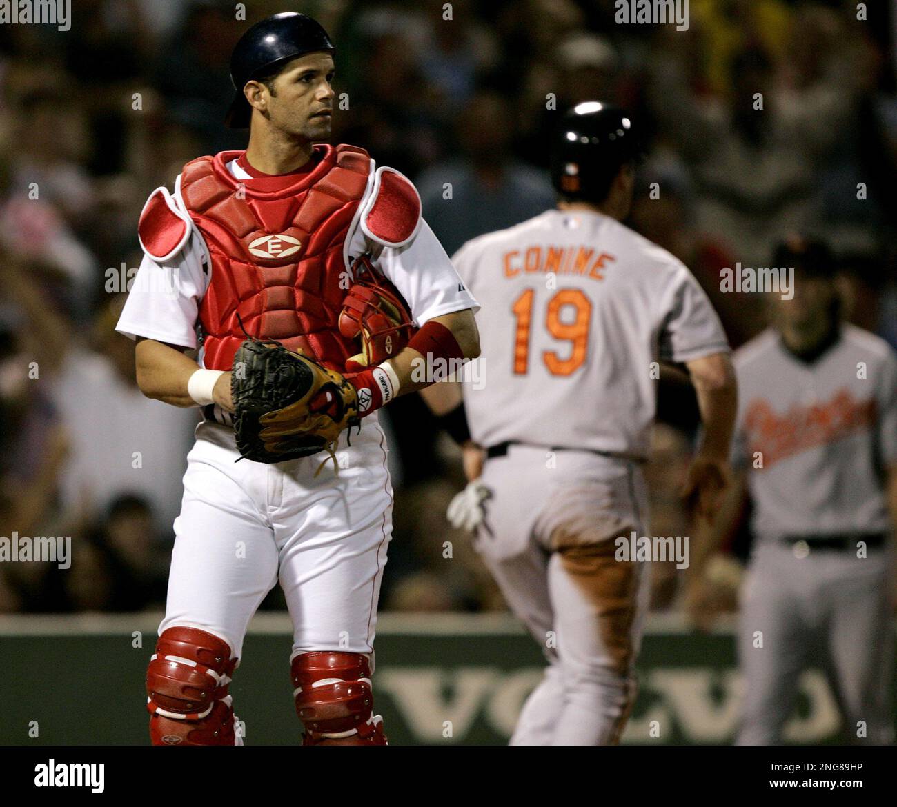 Boston Red Sox catcher Javy Lopez heads back to the dugout after