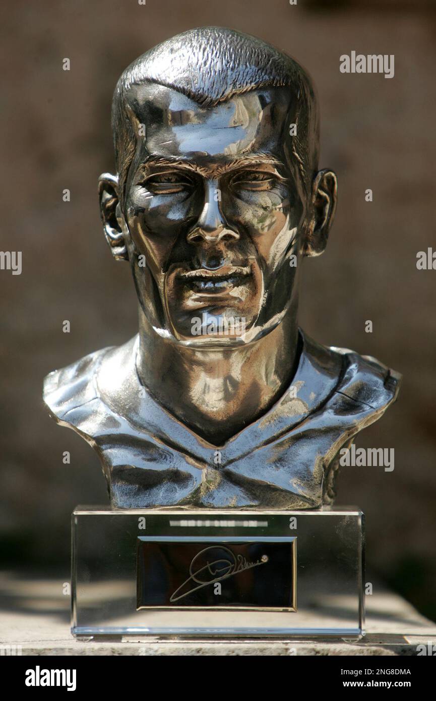 A bust in silver bronze showing French soccer star Zinedine Zidane is seen  in Monaco, Wednesday, July 12, 2006. The sculpture by French artist  Jean-Baptiste Seckler, has a limited edition of 100