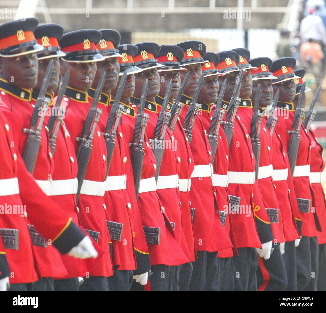 The Kenya Army soldiers in their ceremonial uniform march at the Nyayo