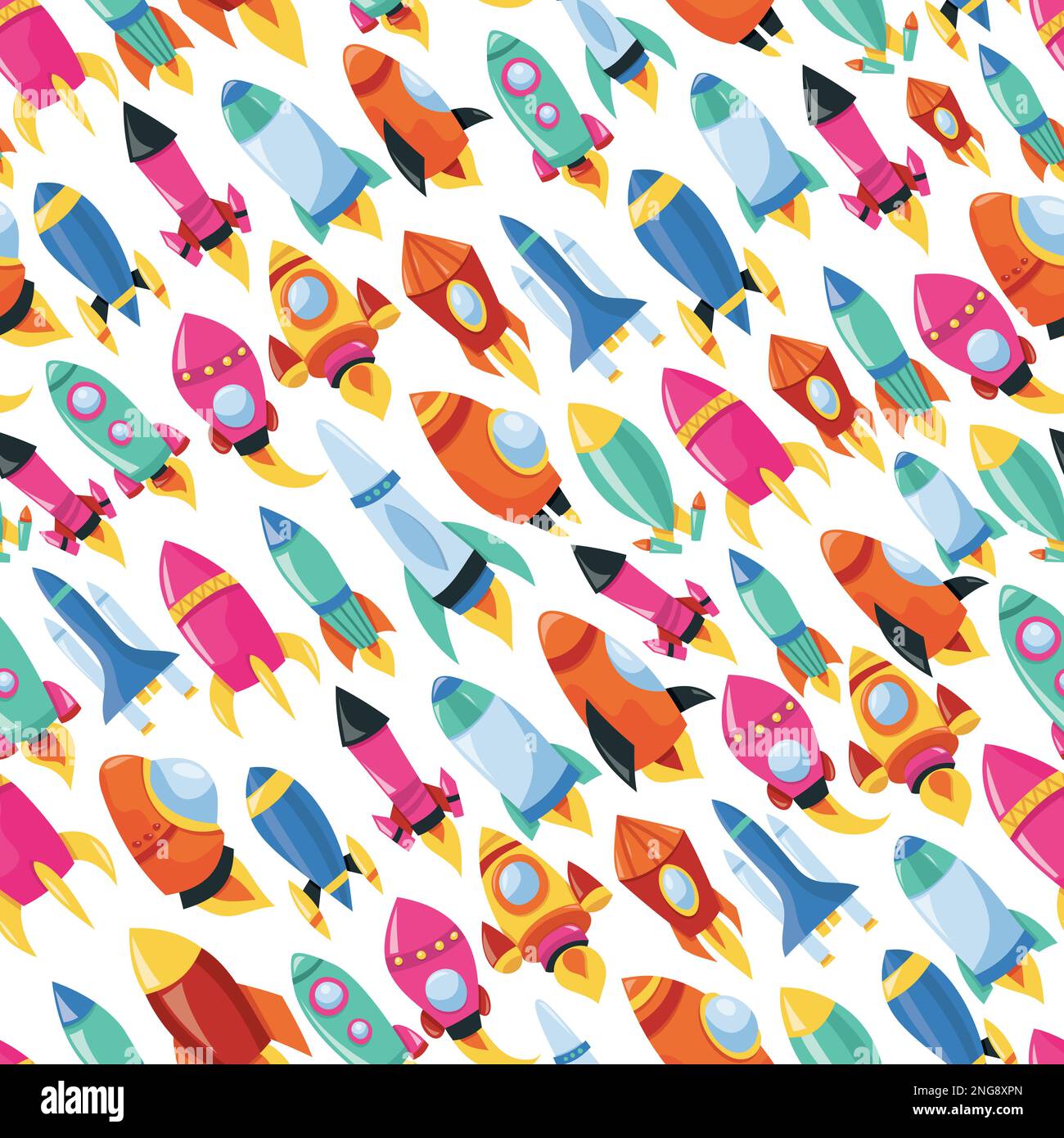 A cartoon vector illustration of colorful rocket ships seamless pattern ...