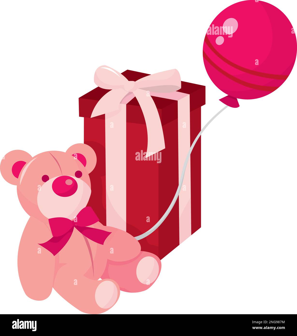 A pink teddy bear holding a pink balloon and a gift box vector ...