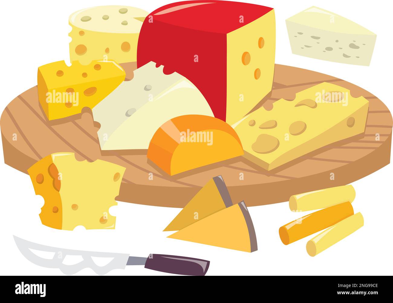 A cartoon vector illustration of various cheeses on a round wooden ...