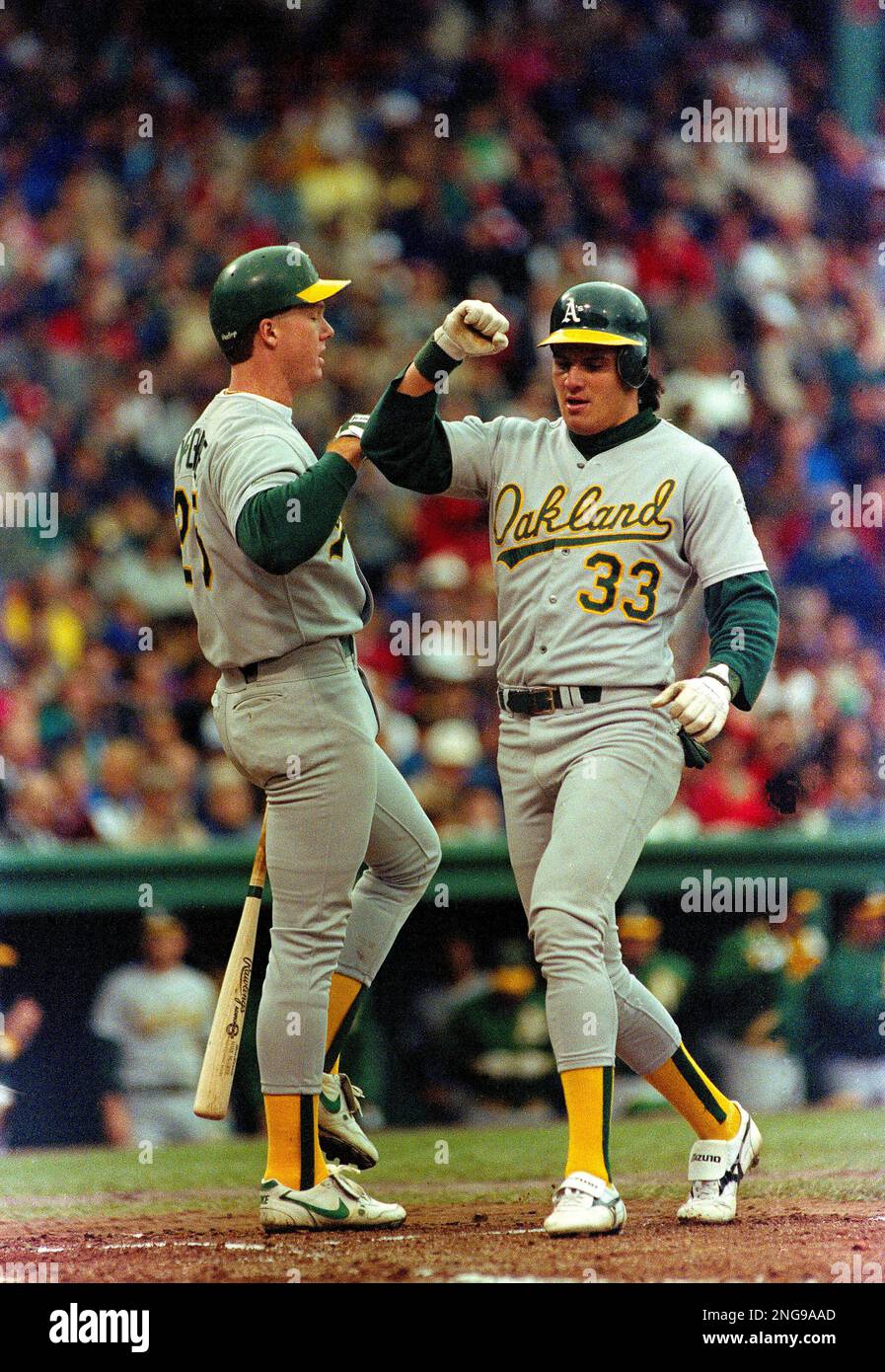 Oakland A's Jose Canseco, right, is welcomed home by teammate Mark