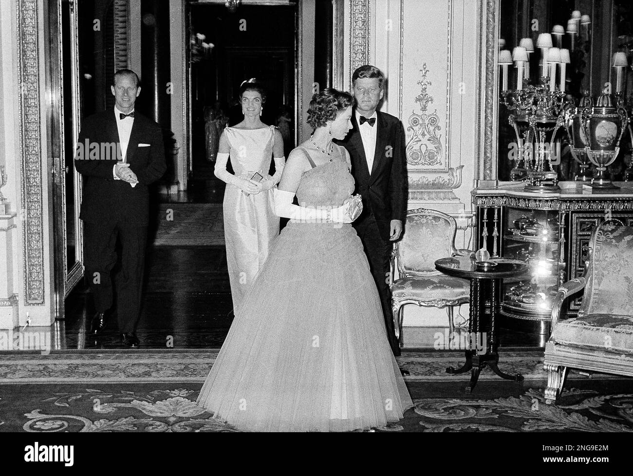 Queen Elizabeth II and Prince Philip are shown with President John