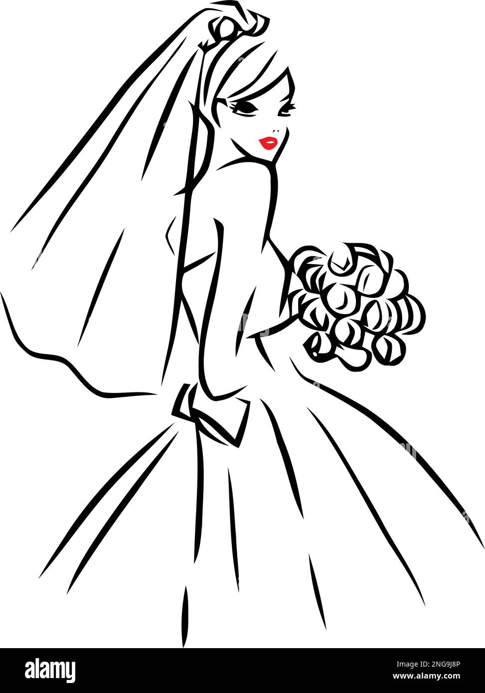 This image is a vector illustration of a line art style beautiful bride holding a wedding bouquet of roses and wearing a wedding veil. The drawing is Stock Vector