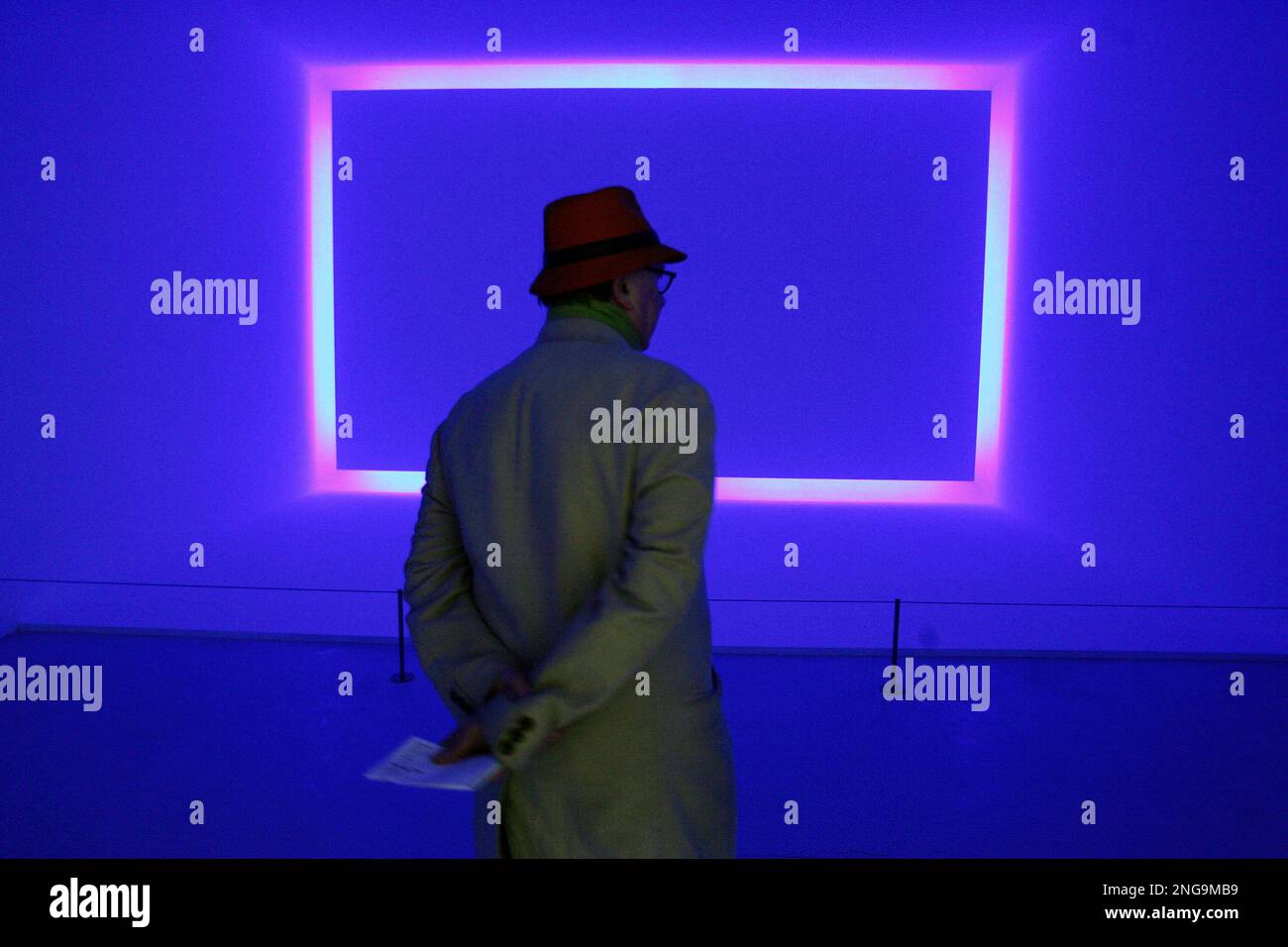 A visitor looks at "Raemar Blue" a 1968 installation by U.S. artist