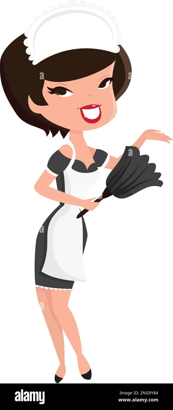 A cartoon vector illustration of a cute retro pin up girl in french maid costume standing and holding a feather duster. Stock Vector