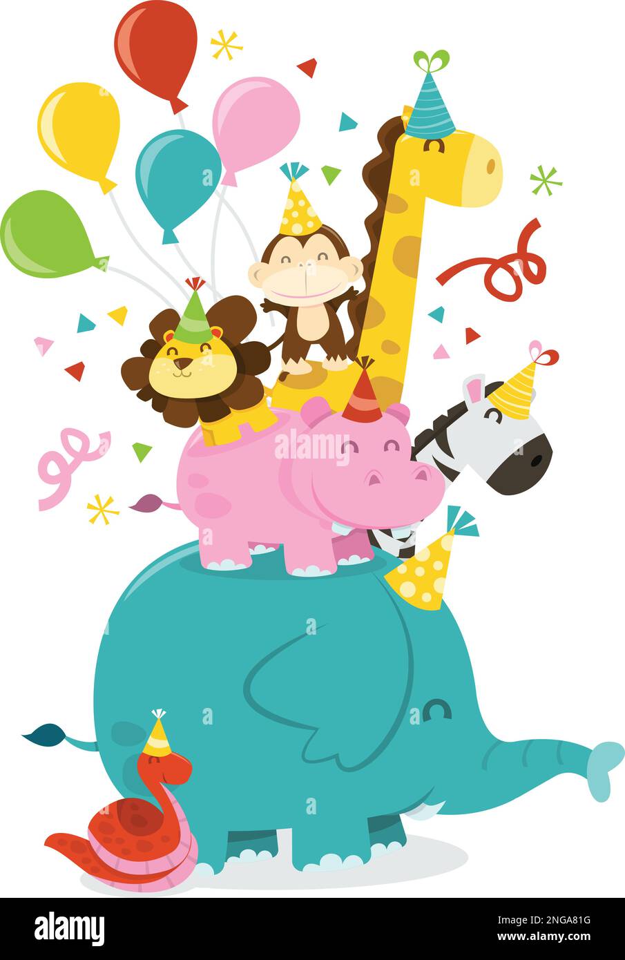 A cartoon vector illustration of happy jungle animals stack in