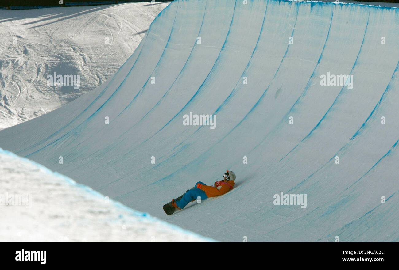 Dutch Cheryl Maas after her crash in the finals of the Women's Halfpipe