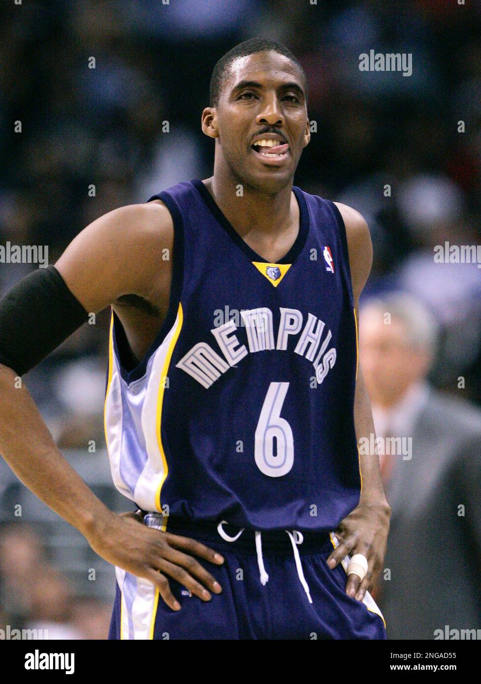 Memphis Grizzlies Eddie Jones sticks his tongue out as he walks