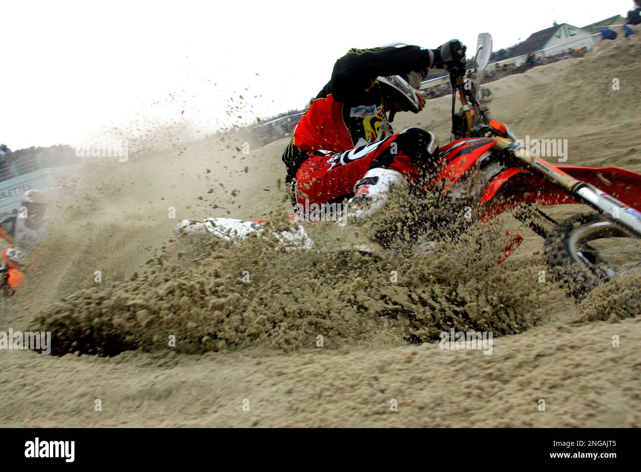 French driver Y. Morel drive at the start of the first Enduropale, formerly  known as Enduro du Touquet, motorcycling race Sunday, Feb. 5, 2006, on the  Cote d'Opale coastline in Le Touquet,