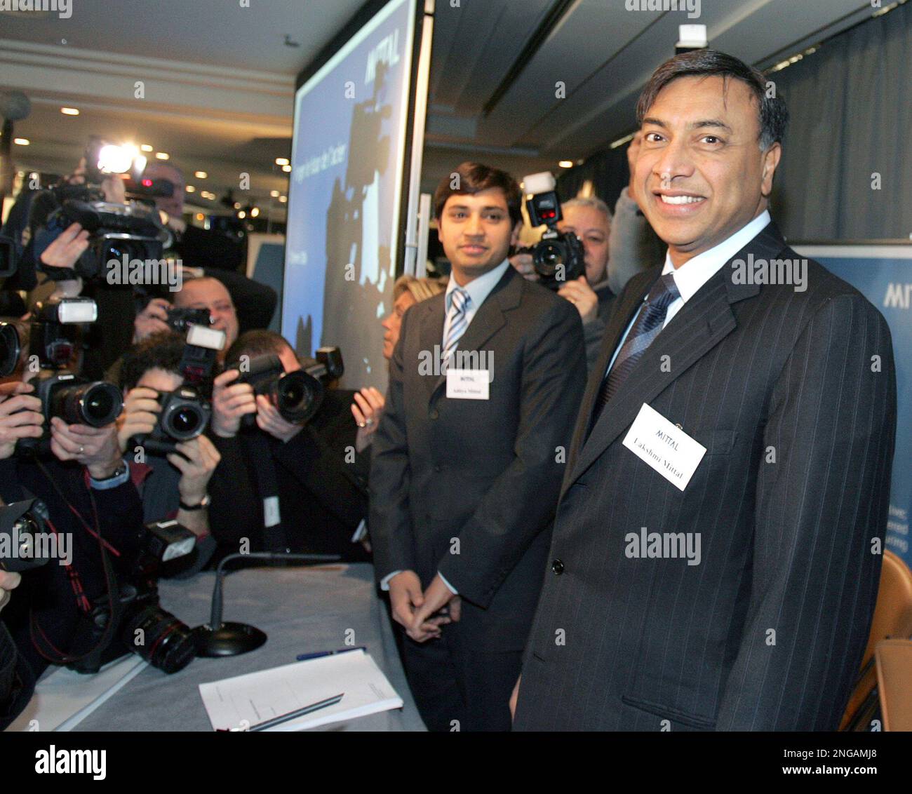 Aditya Mittal, son of President and Group CFO, Lakshmi Mittal, leaving the  Pavillon Gabriel after a press conference, in Paris, France, on January 30,  2006. Lakshmi Mittal hold a press conference following