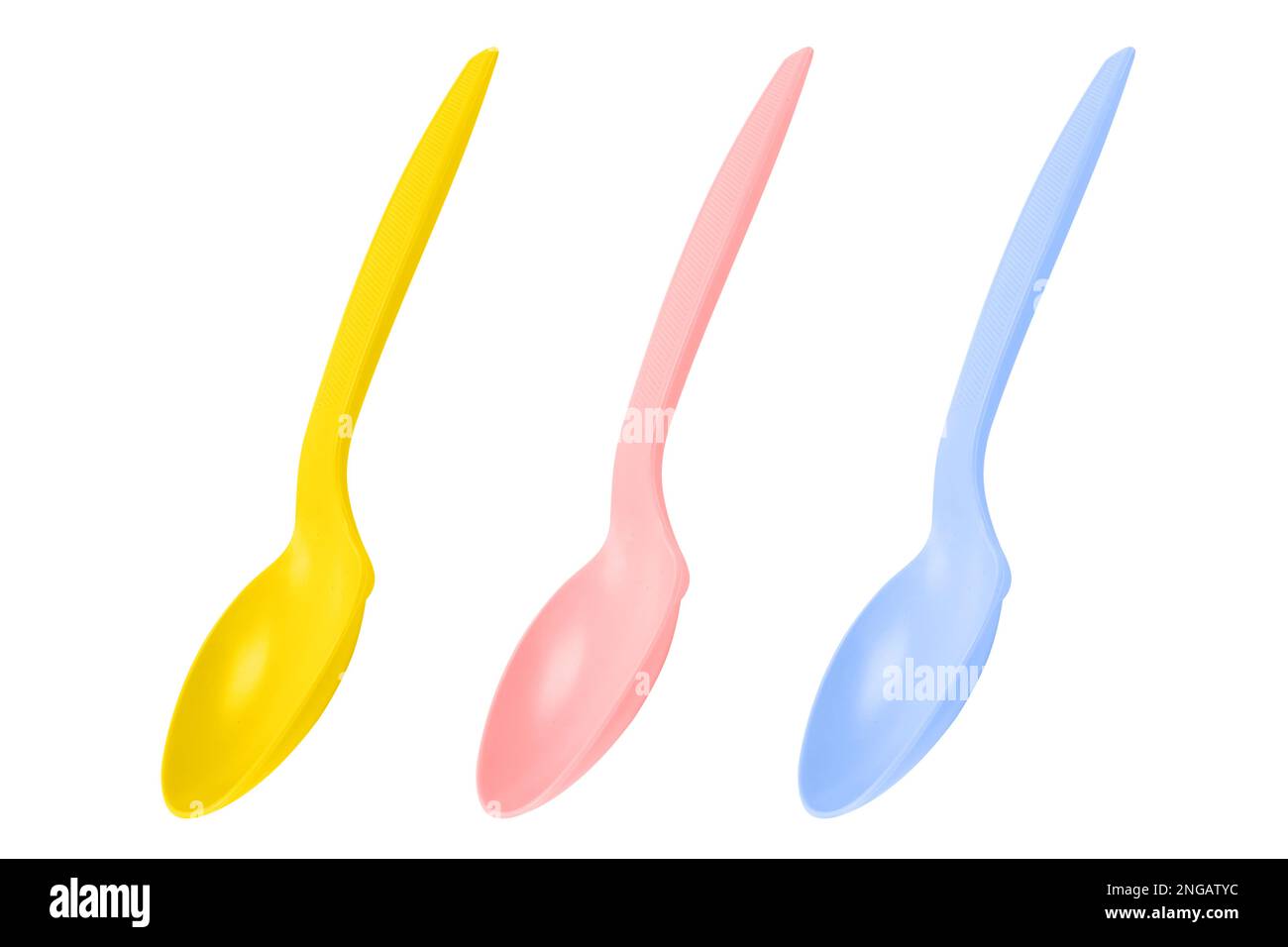 Plastic spoon isolated on white background. Disposable tableware set isolated with clipping path. Stock Photo