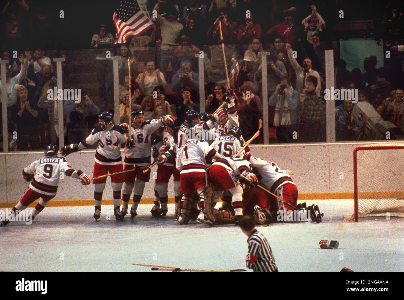 The U.S. hockey team pounces on goalie Jim Craig after a 43 victory