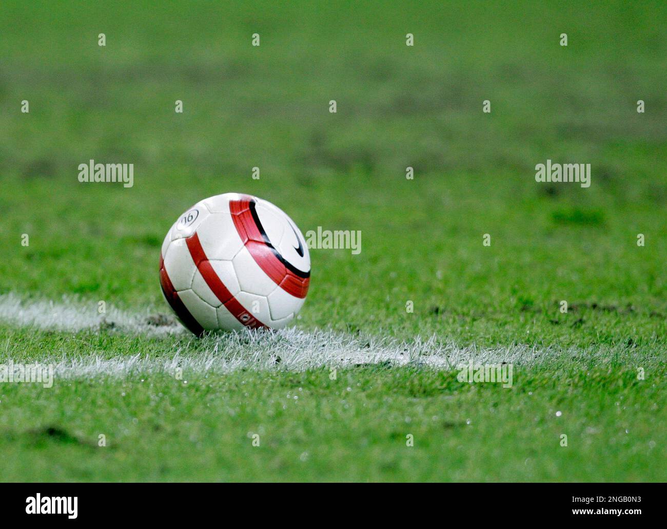 A Nike Total 90 Aerow ball lies on the penalty zone line during the German  first division soccer match between VfL Wolfsburg and VfB Stuttgart at the  Volkswagen Arena in Wolfsburg, northern