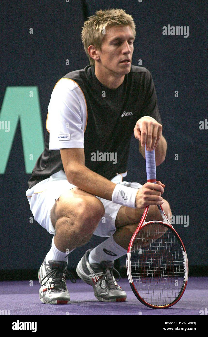 Jarkko Nieminen of Finland reacts during his match against France's Fabrice  Santoro, in the Paris Tennis Masters tournament, Tuesday, Nov. 1, 2005. (AP  Photo/Lionel Cironneau Stock Photo - Alamy