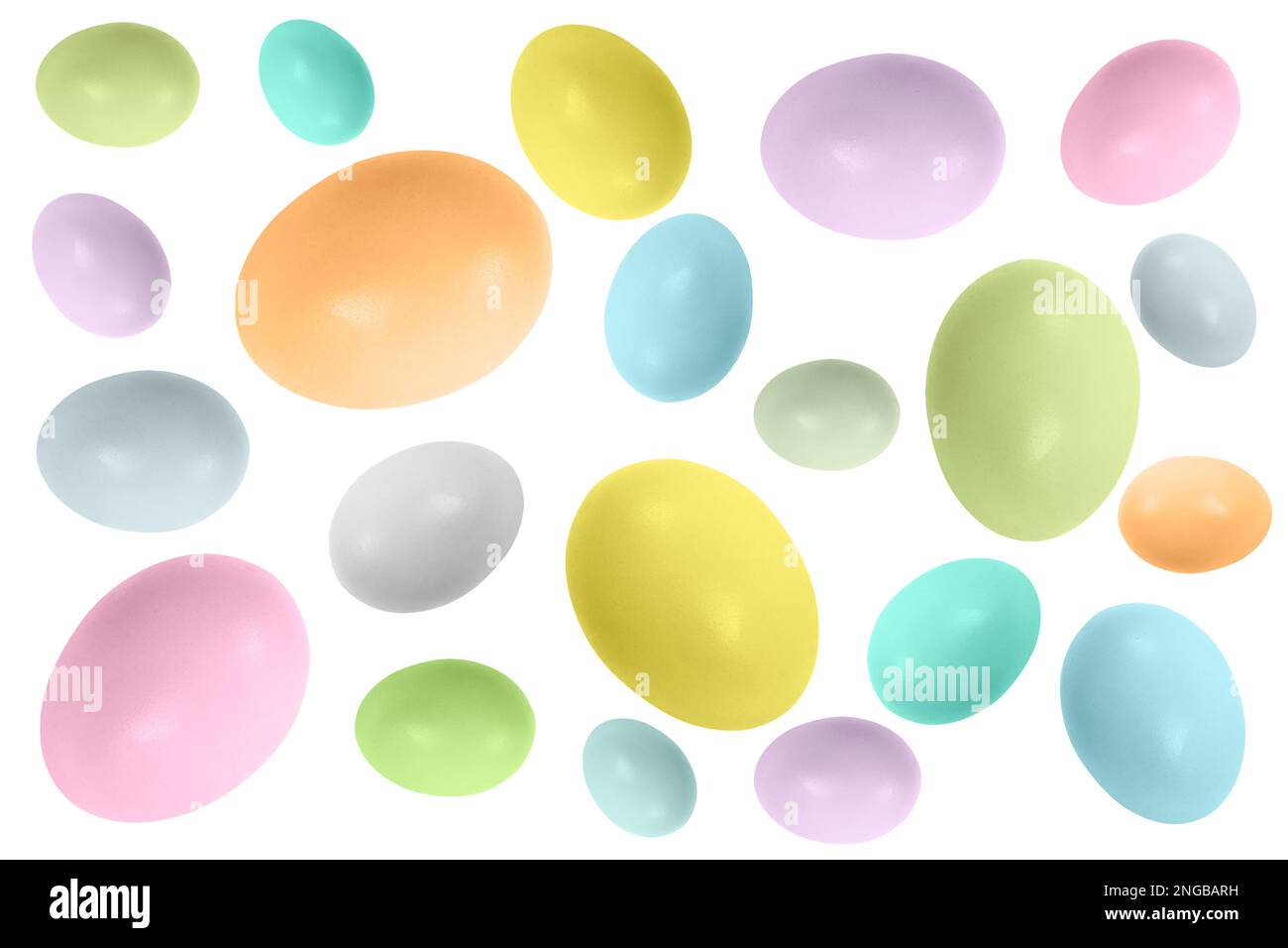 Easter eggs pattern isolated on white background. Rainbow colored Easter eggs isolated. Group of easter eggs in a row. Stock Photo