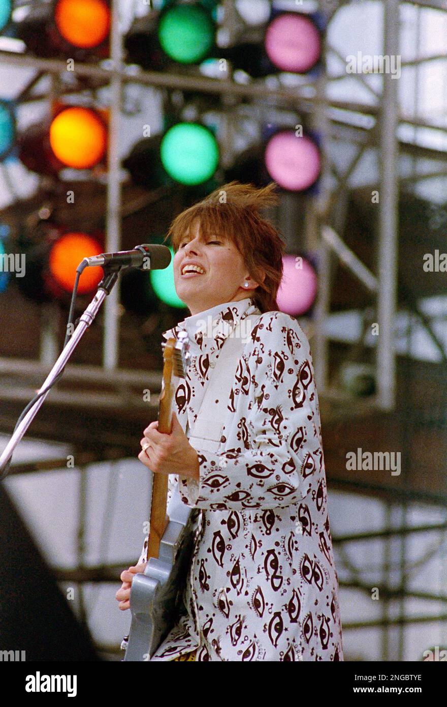 Chrissie Hynde, lead singer of the Pretenders performs at JFK Stadium