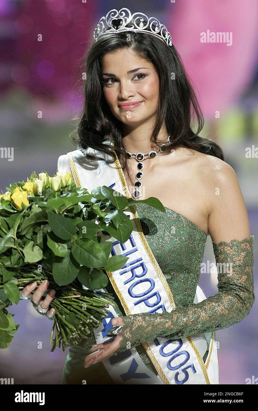 Miss Europe 2005 Shermine Shahrivar, 22, of Germany, smiles after she was announced the winner out of 36 contestants in Paris Saturday March 12, 2005. (AP Photo/Michel Euler) Stock Photo