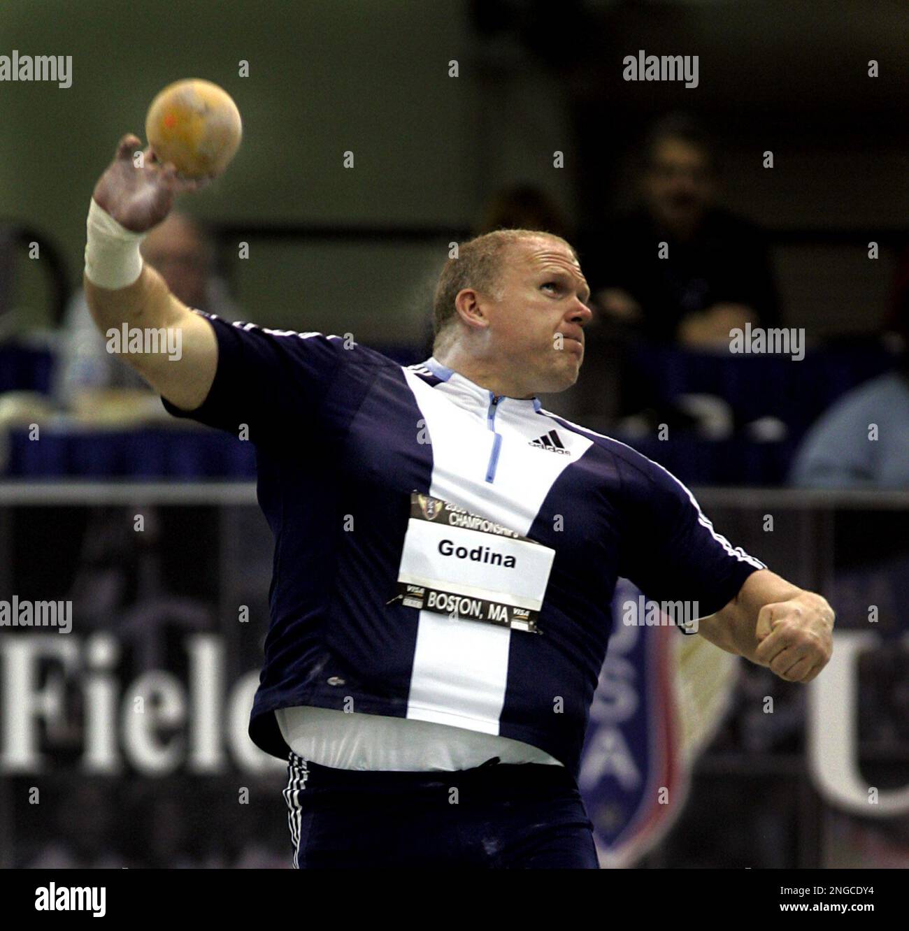 John Godina releases the shot at the U.S. Indoor Championships at the ...
