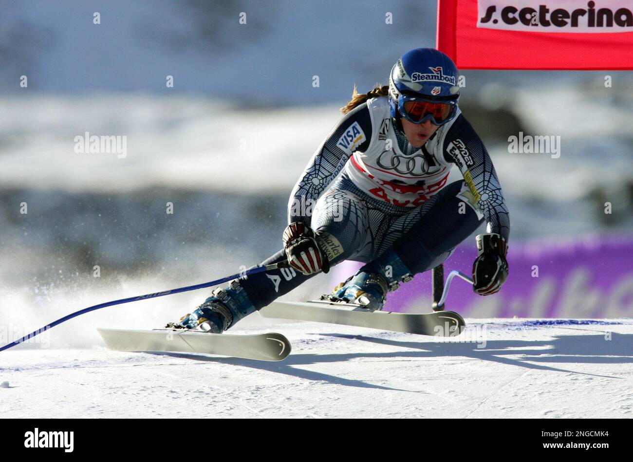 Caroline Lalive of the United States speeds down the course during the downhill portion of the Womens Combined at the World Alpine Ski Championships, in Santa Caterina Valfurva, Italy, Friday, Feb