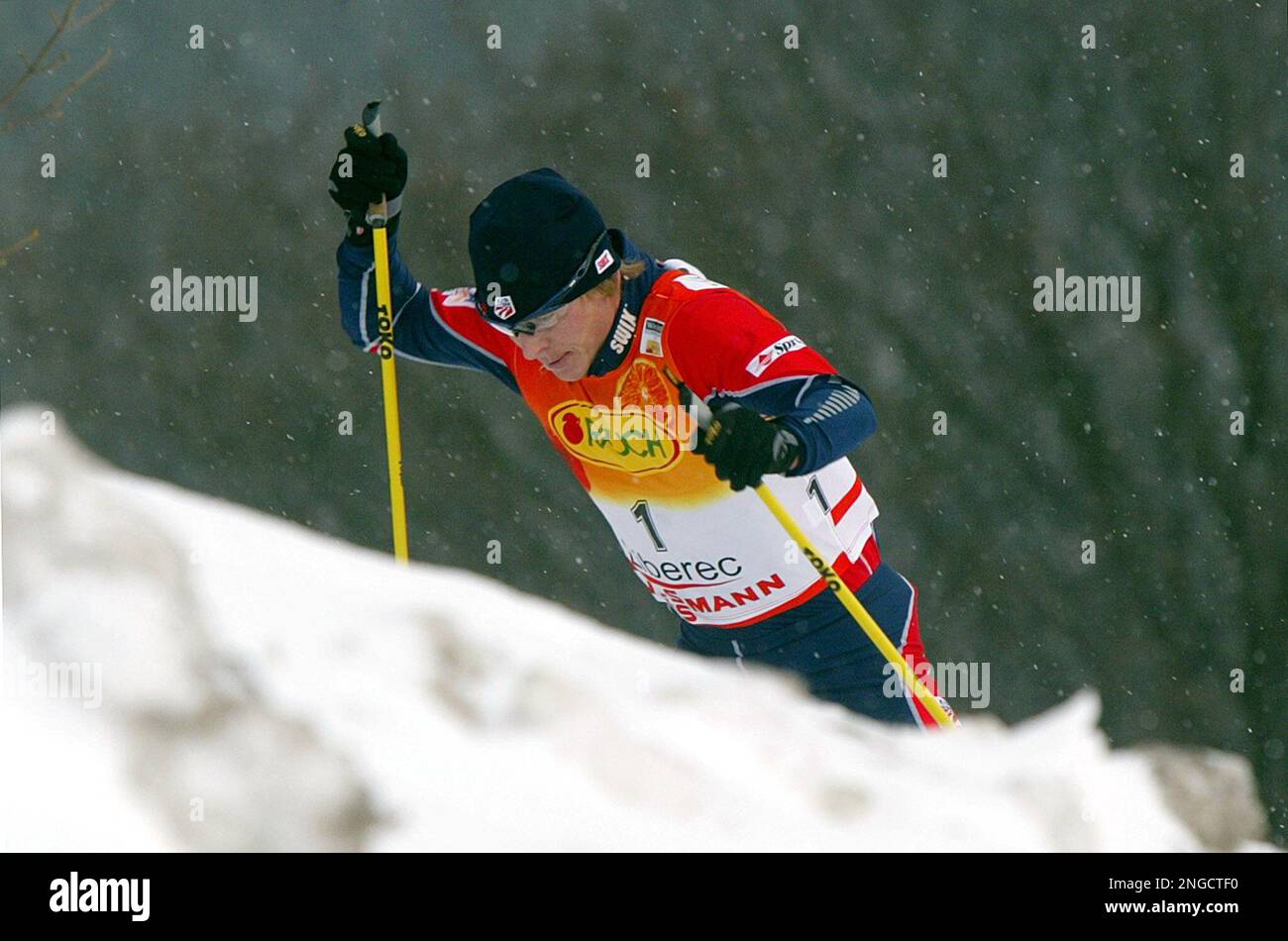 Todd Lodwick, of the U.S., climbs a hill during the Nordic Combined World  Cup event in Liberec, Czech Republic, on Sunday, Jan. 23, 2005. Lodwick  placed third behind Kristian Hammer from Norway