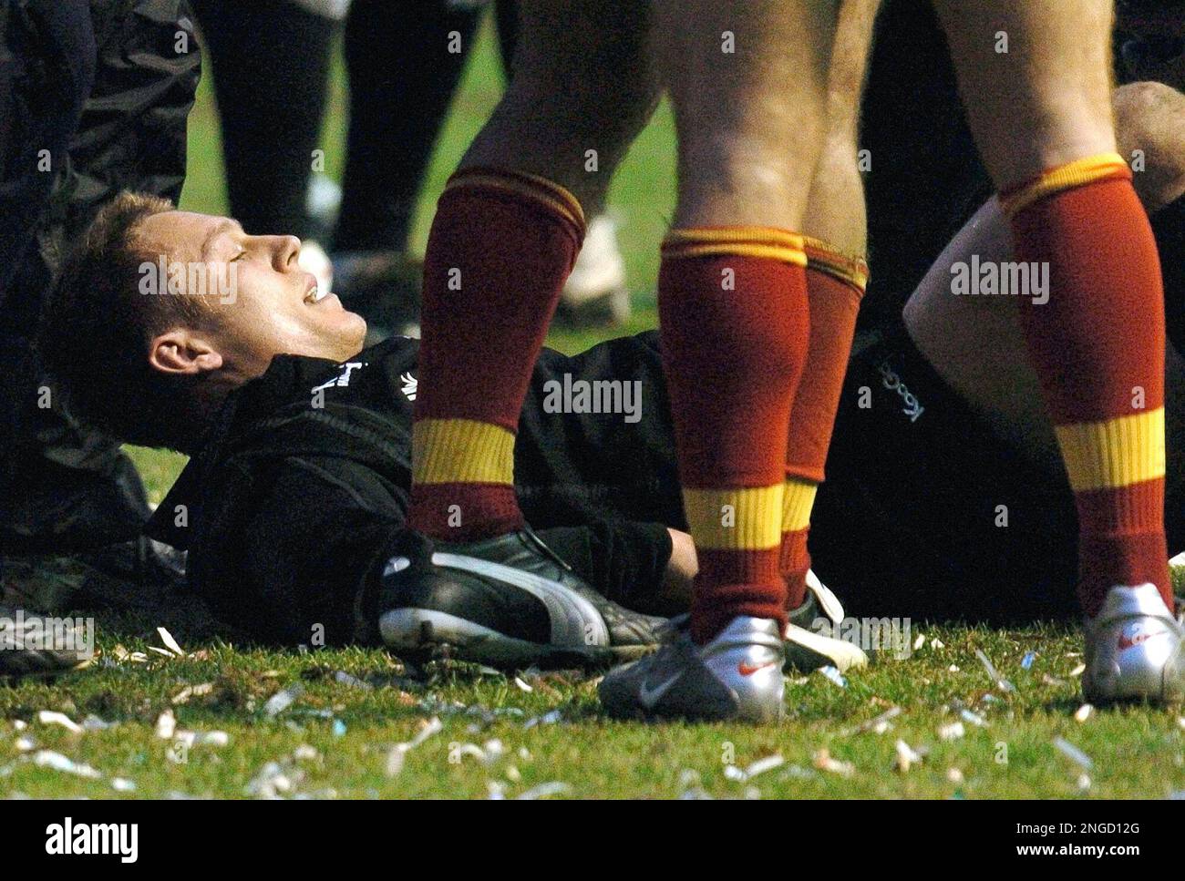 Jonny Wilkinson of the Newcastle Falcons rugby team lies on the field ...