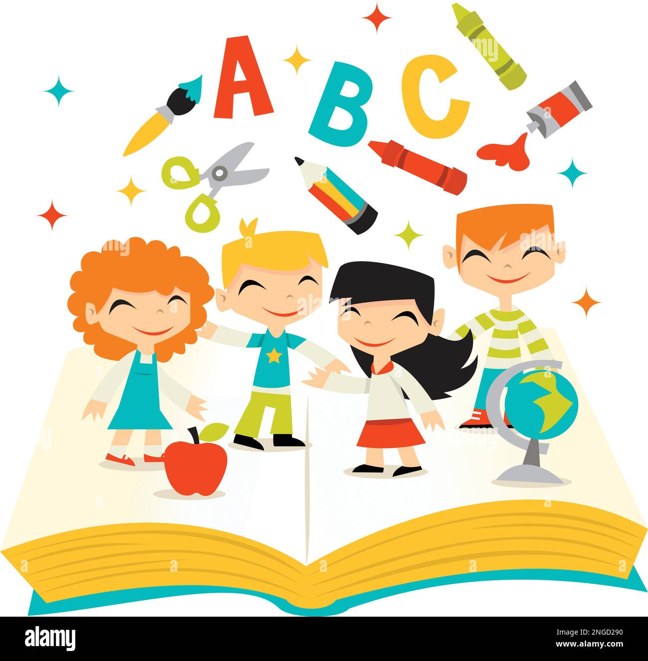 A vector illustration of whimsical retro kids happy learning on a giant