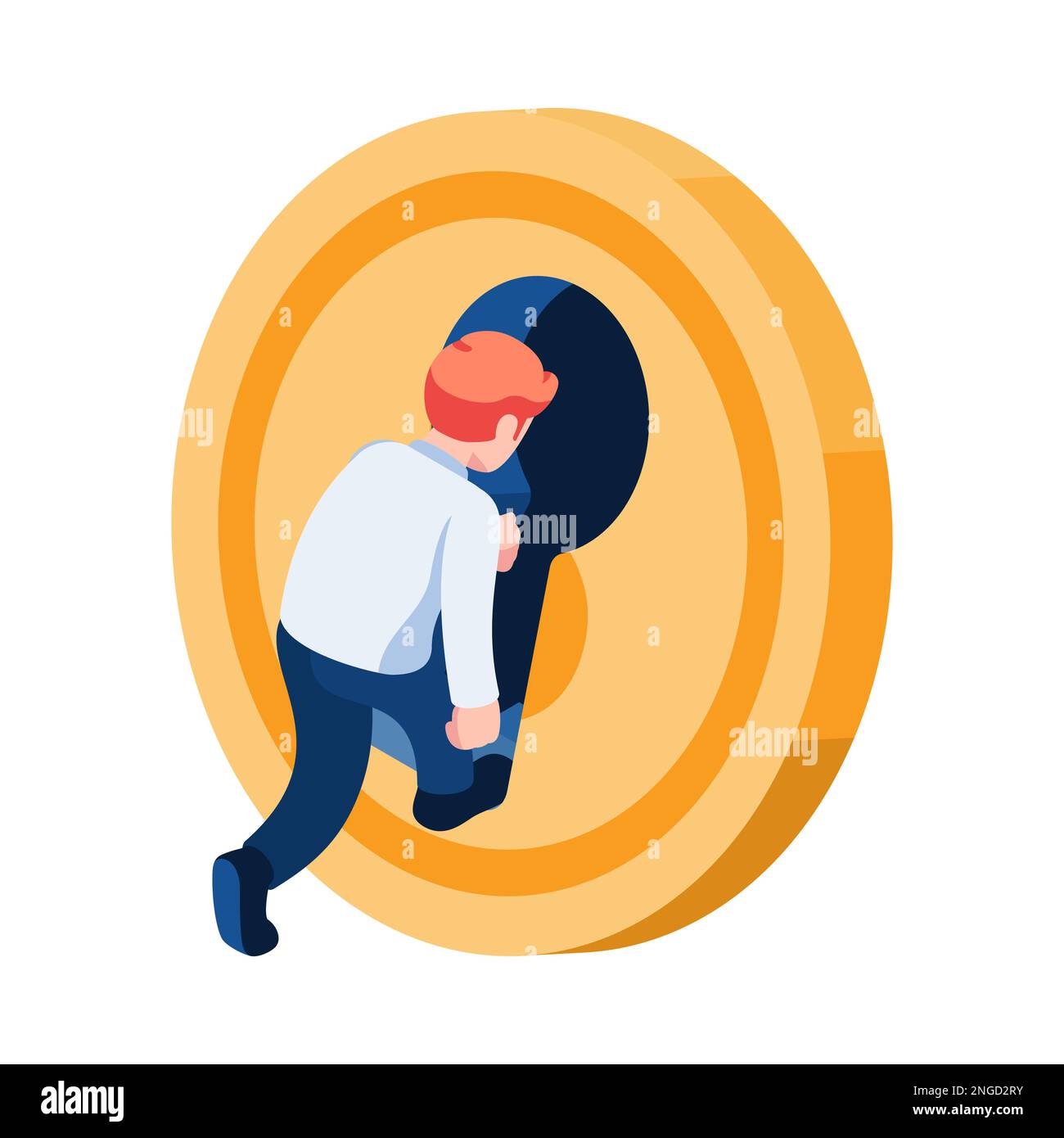 Flat 3d Isometric Businessman Walking into Money Coin. Business Insider and Financial Expert Concept. Stock Vector