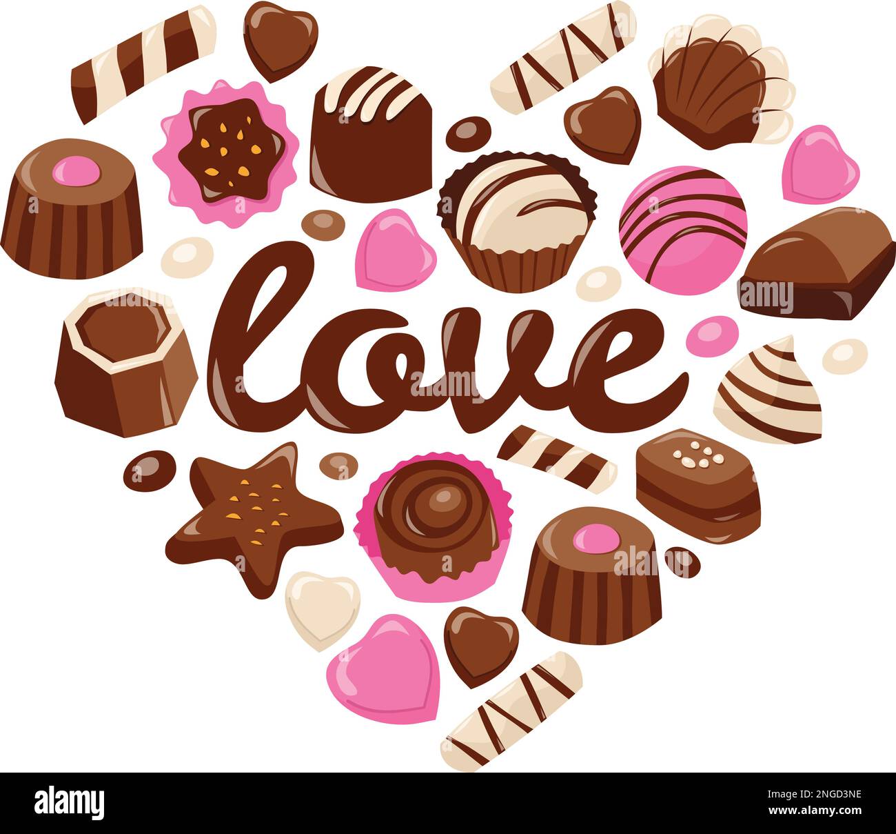 A cartoon vector illustration of sweet valentine chocolate arranged in a heart shape with the