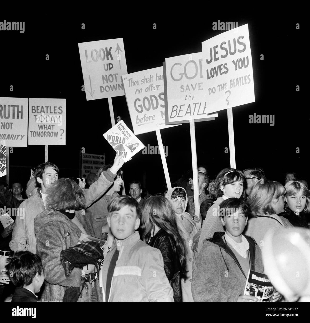 Young churchfolk from Sunnyvale on the San Francisco peninsula protest against the Beatles and John Lennon's remark that The Beatles are "more popular than Jesus" outside Candlestick Park where the Beatles are holding a concert in San Francisco, Ca., Aug. 29, 1966. The picketers were seen by many of the teenagers but missed by the entertainers, who arrived and departed from a different direction. Some 25,000 fans went through the gates for The Beatles' final U.S. performance on their tour. (AP Photo) Stock Photo